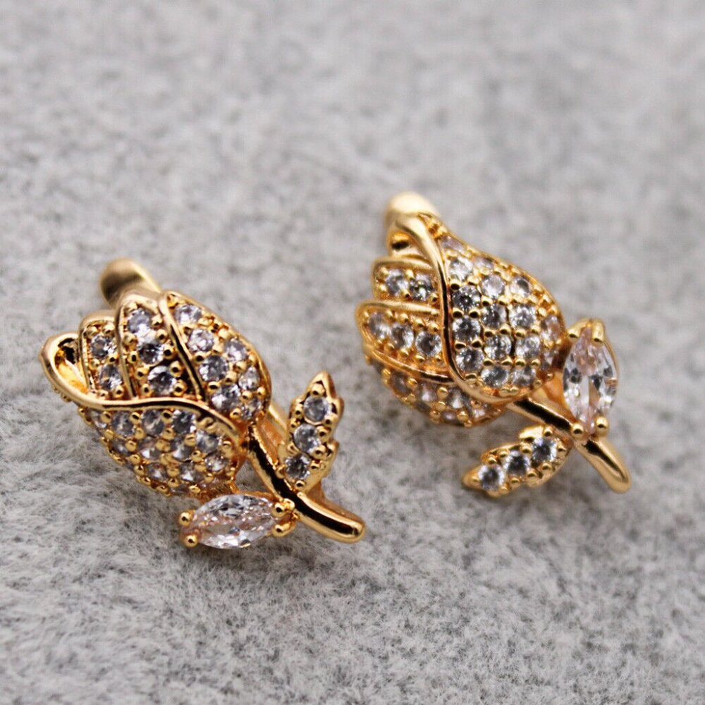 18K Yellow Gold Filled Carved Rose Flower Leaf Diamond Zircon Earrings Gorgeous